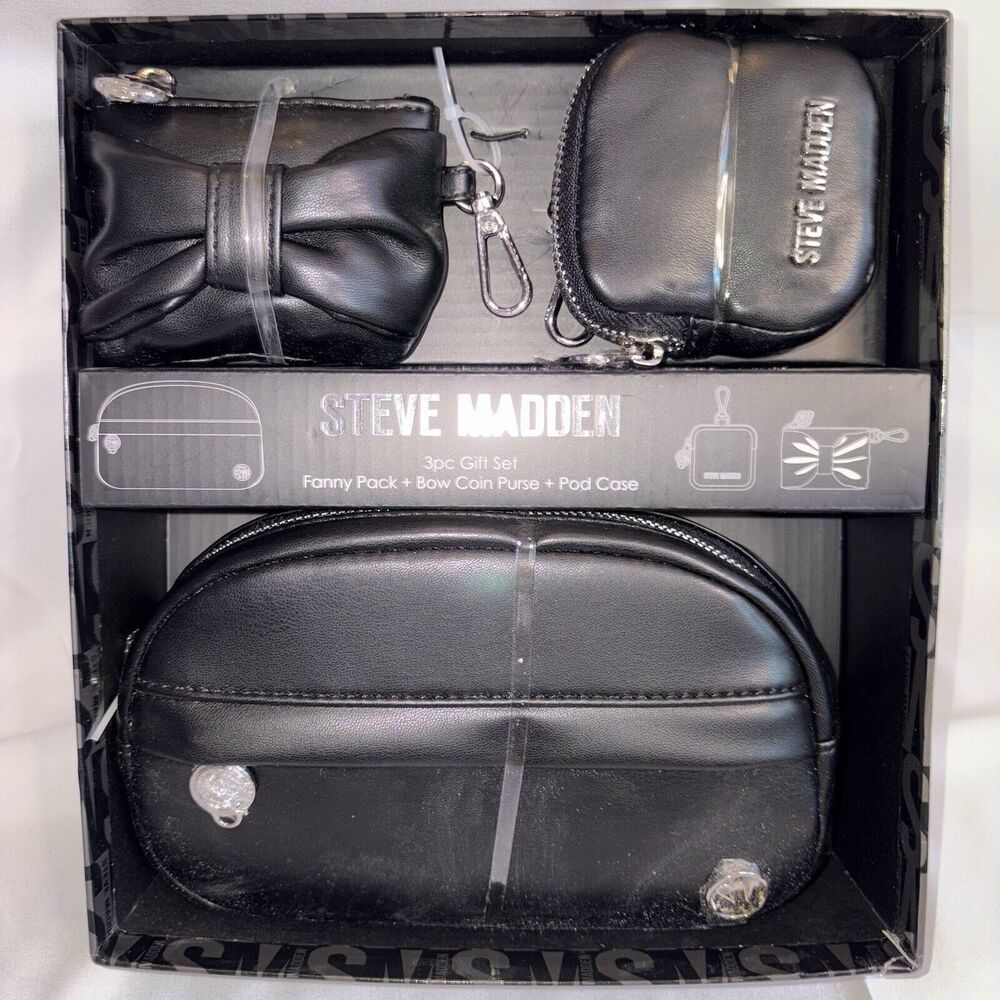 Steve Madden 3-Pc Gift Set Belt Bag, Coin Purse w/ Bow And Earbud Case Black NEW
